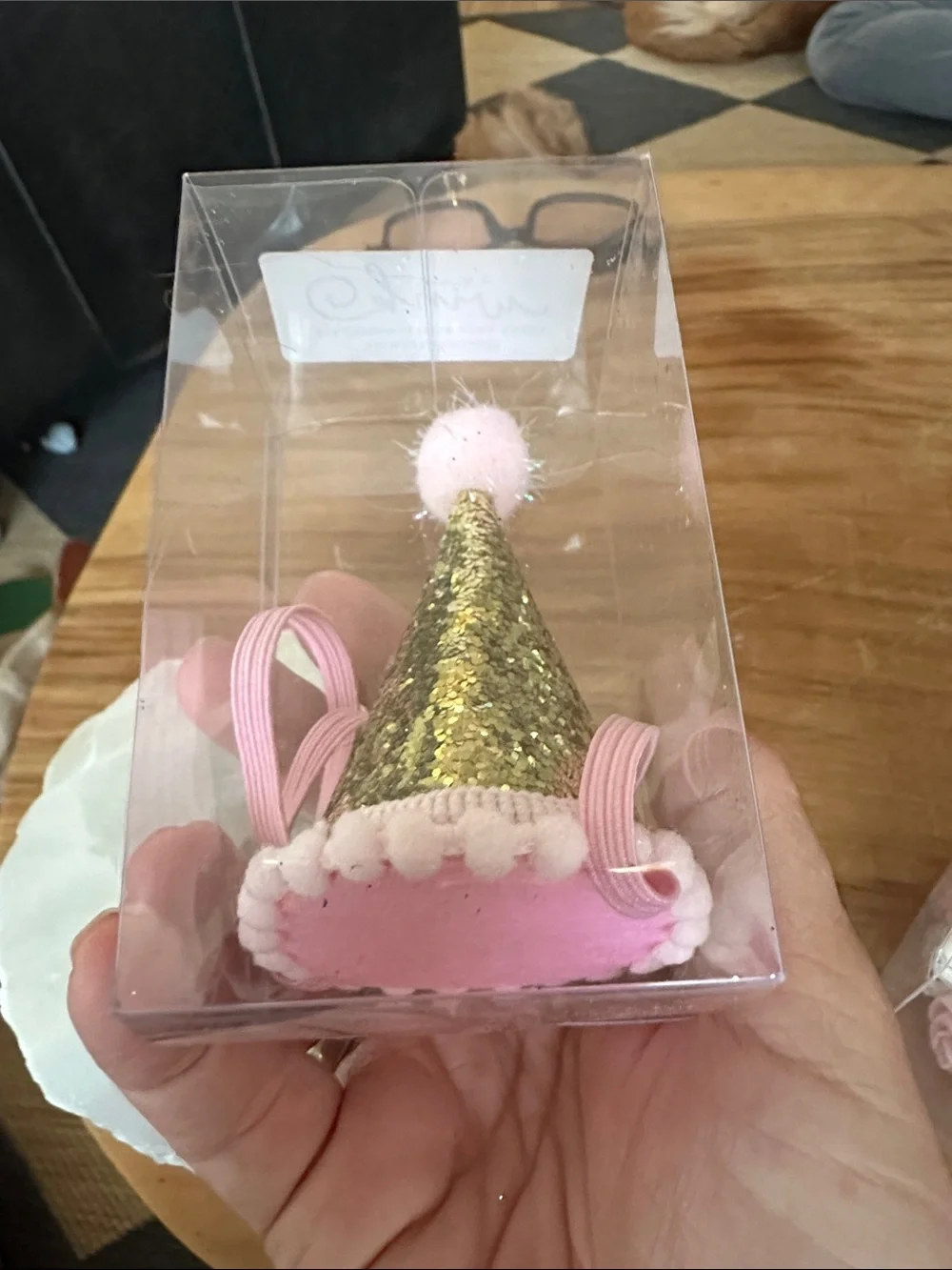 Sweet Wink Gold Glitter Pom Pom Kids Party Hat with Pink Elastic new